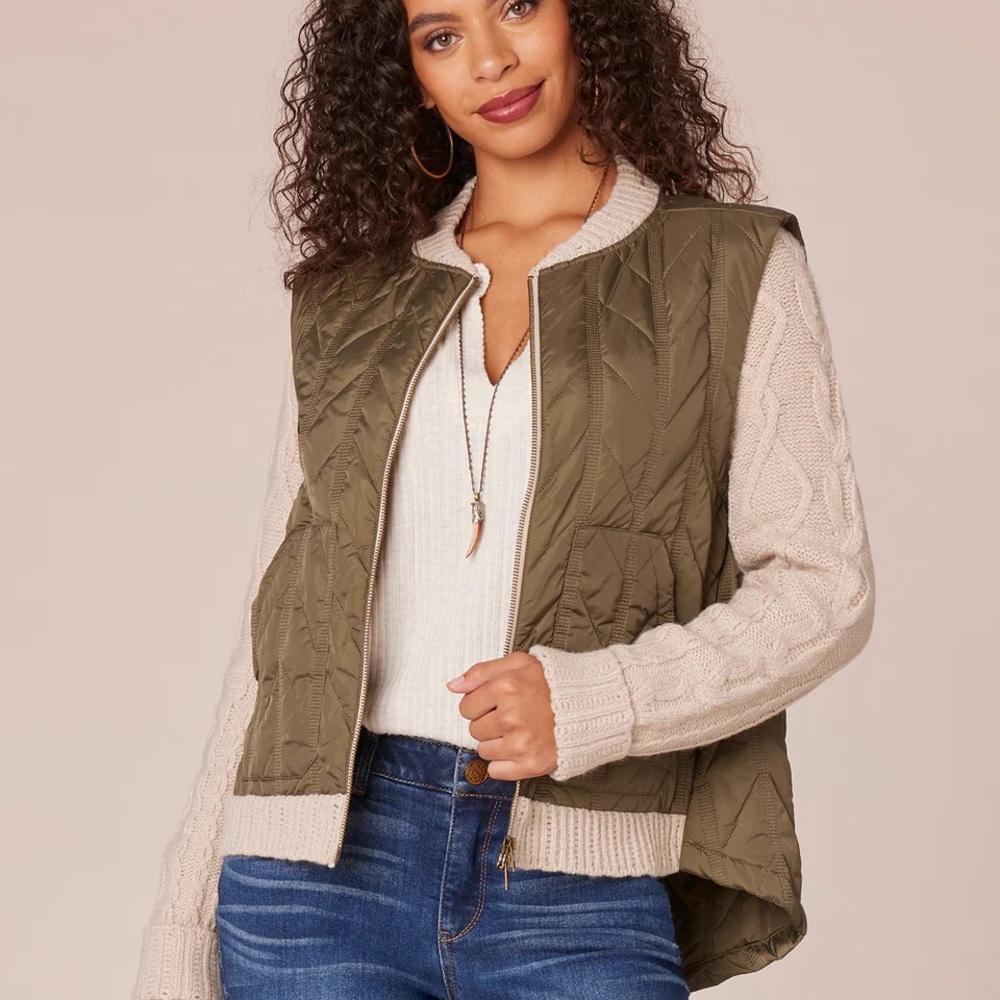 Democracy Olive and Cream Quilted Vest Sweater Jacket for Casual Wear